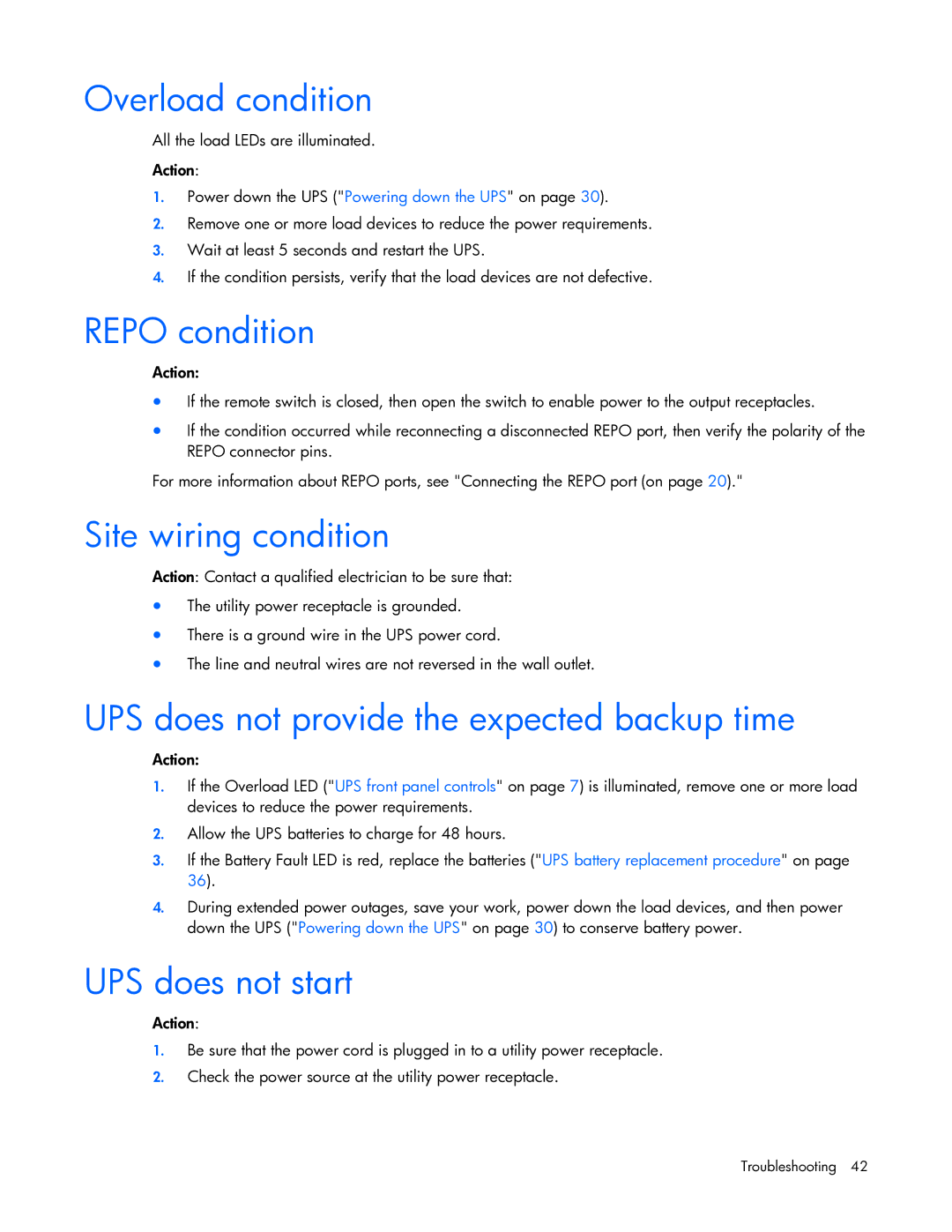 HP R5500 manual Overload condition, Repo condition, Site wiring condition, UPS does not provide the expected backup time 