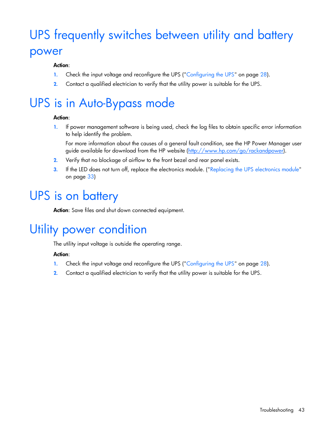 HP R5500 manual UPS frequently switches between utility and battery power, UPS is in Auto-Bypass mode, UPS is on battery 