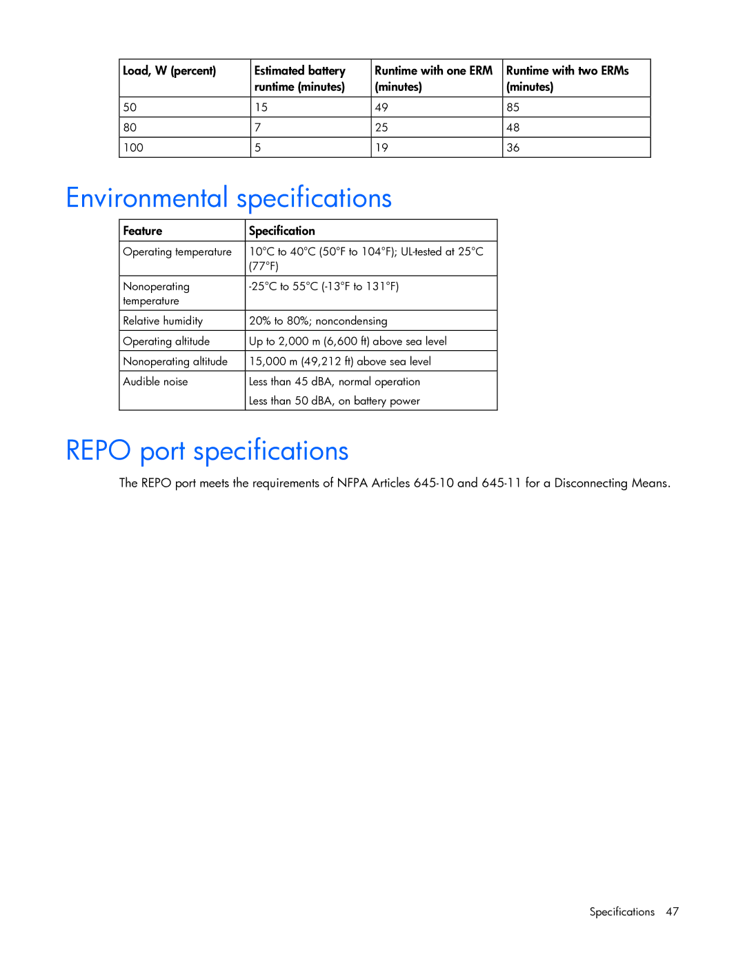 HP R5500 manual Environmental specifications, Repo port specifications 