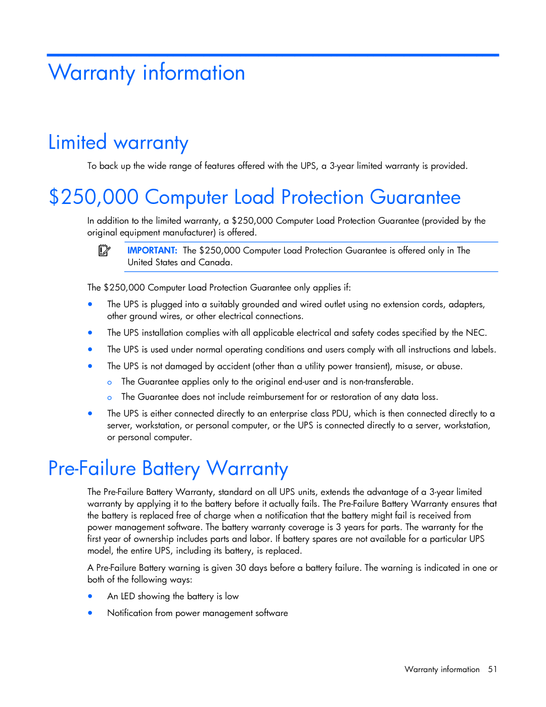 HP R5500 Warranty information, Limited warranty, $250,000 Computer Load Protection Guarantee, Pre-Failure Battery Warranty 