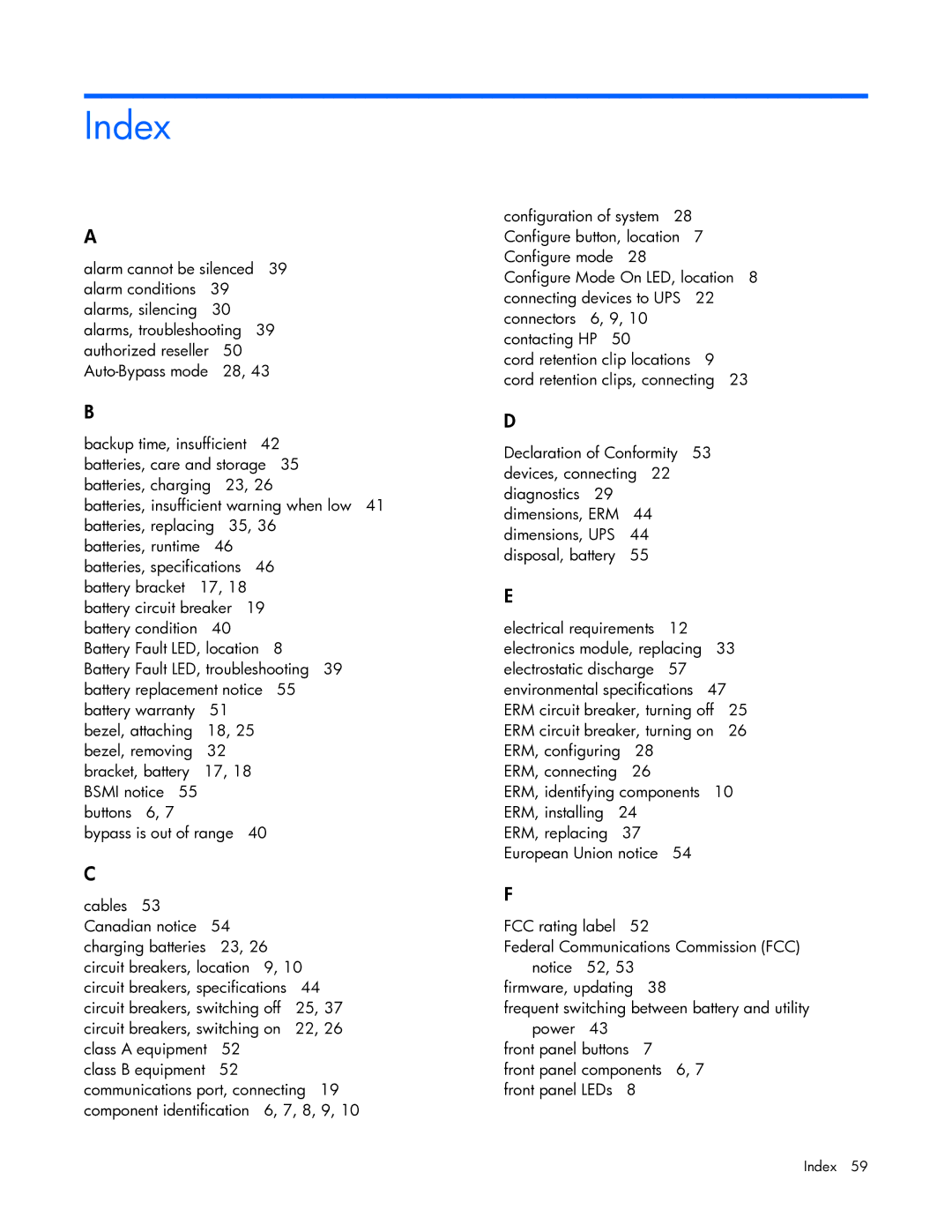 HP R5500 manual Index, Communications port, connecting 