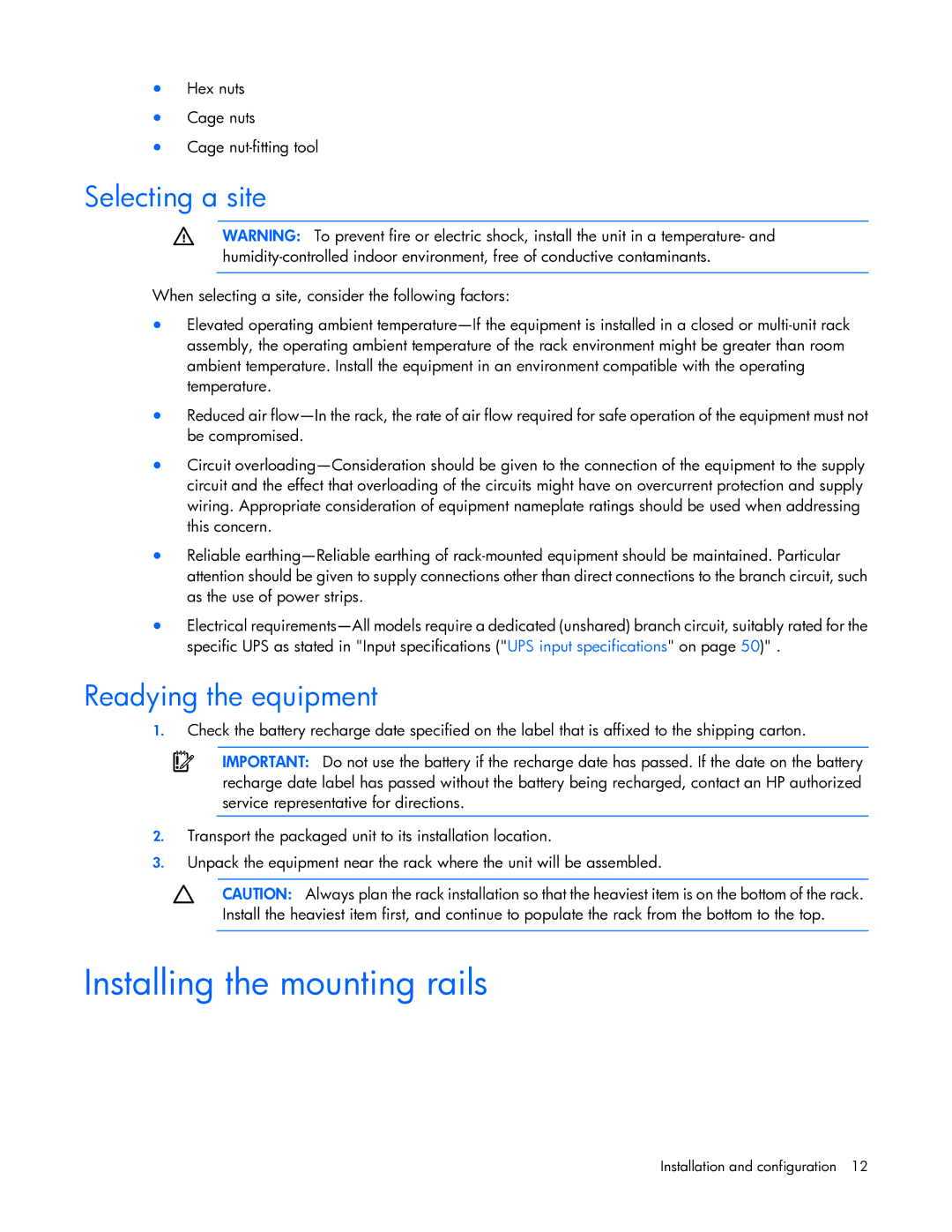 HP R7000 Installing the mounting rails, Selecting a site, Readying the equipment, Hex nuts Cage nuts Cage nut-fitting tool 