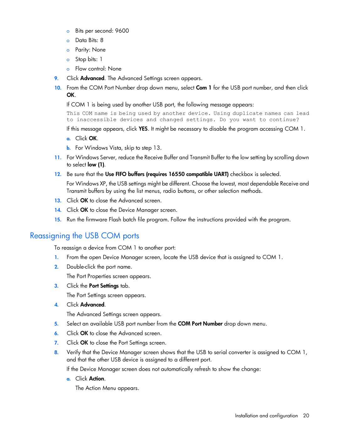 HP R7000 manual Reassigning the USB COM ports 