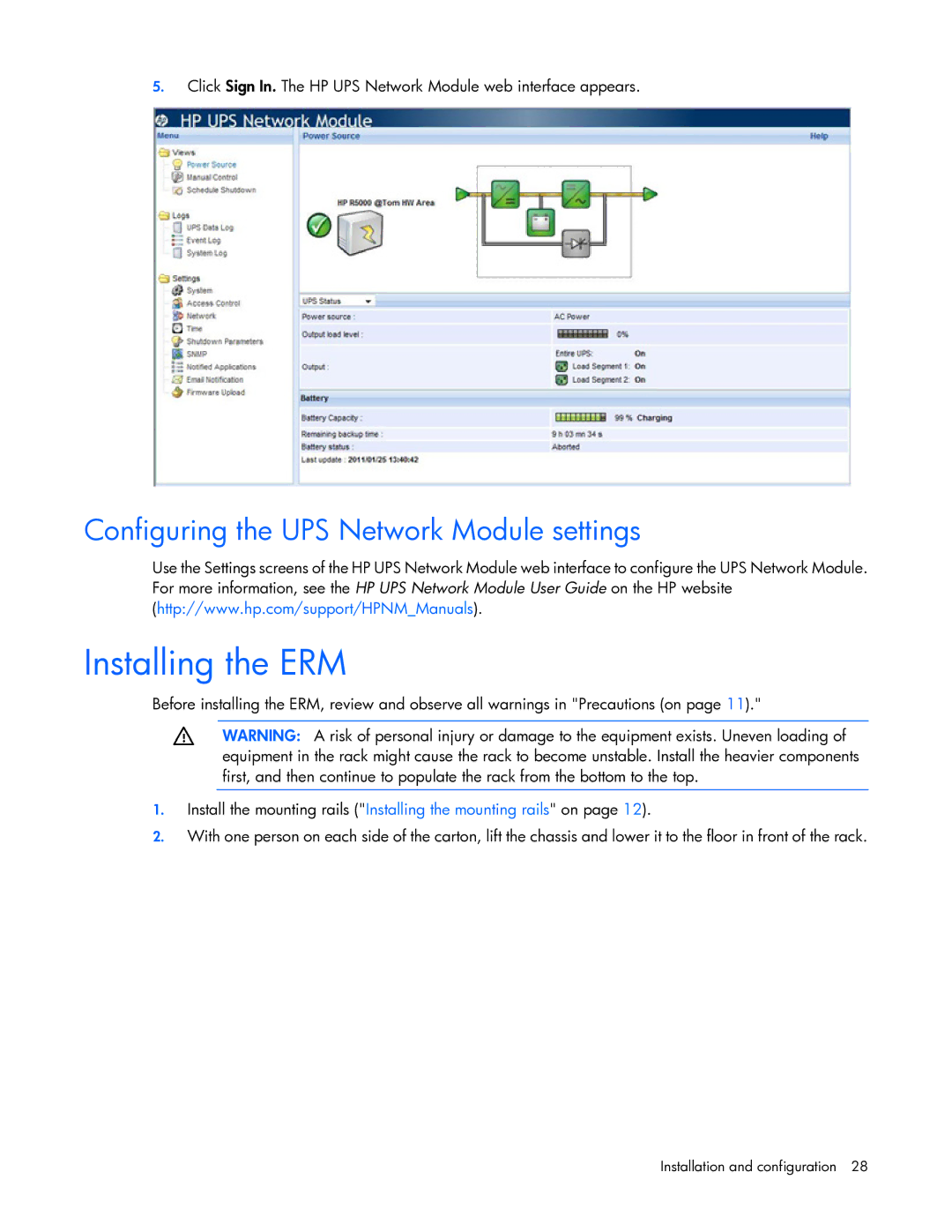 HP R7000 manual Installing the ERM, Configuring the UPS Network Module settings 