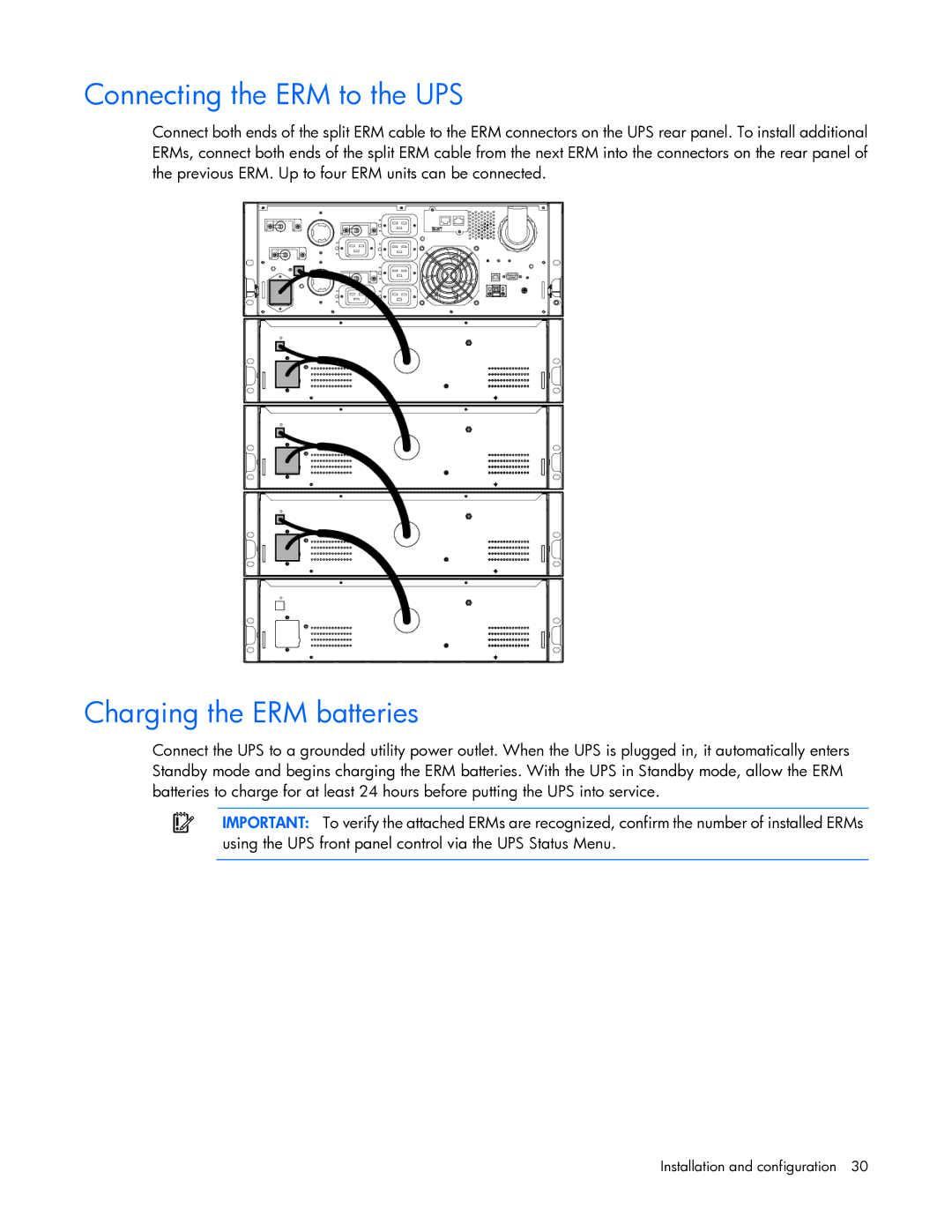 HP R7000 manual Connecting the ERM to the UPS, Charging the ERM batteries 