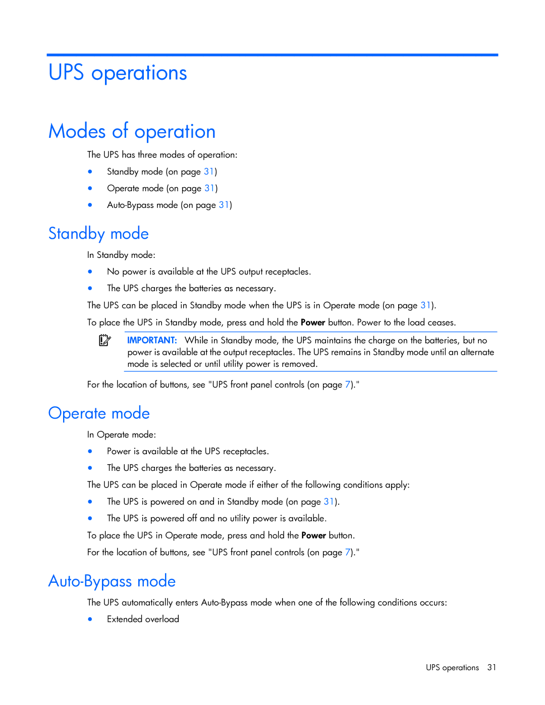 HP R7000 manual UPS operations, Modes of operation, Standby mode, Operate mode, Auto-Bypass mode 