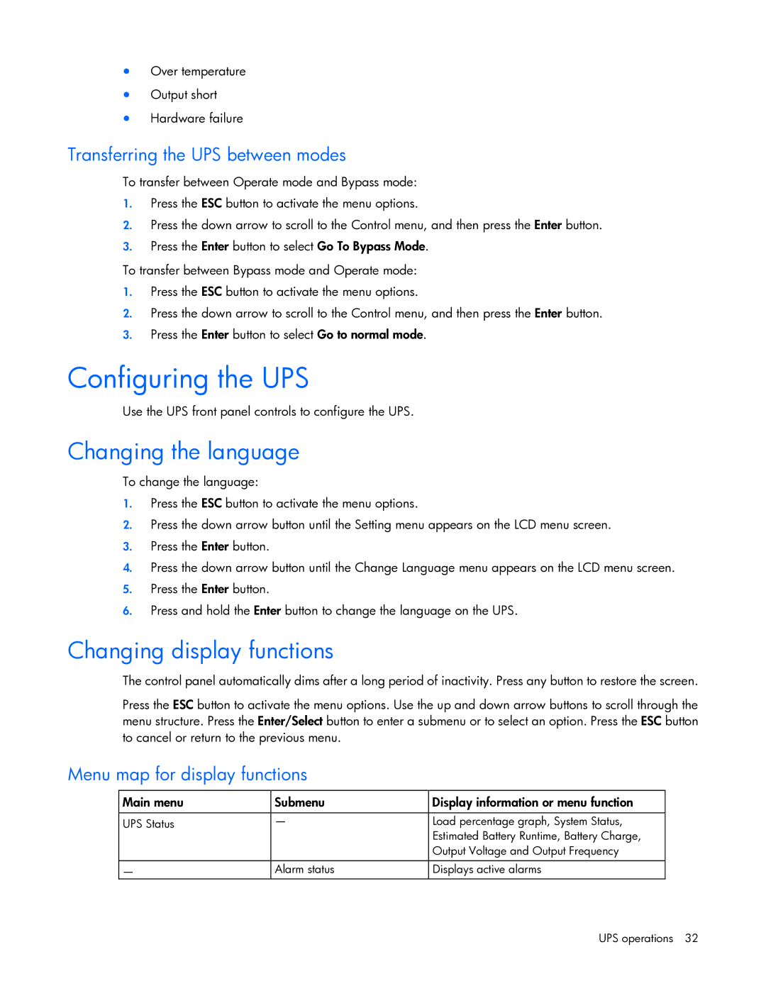 HP R7000 manual Configuring the UPS, Changing the language, Changing display functions 