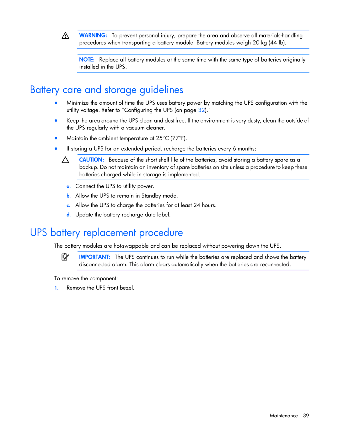 HP R7000 manual Battery care and storage guidelines, UPS battery replacement procedure 