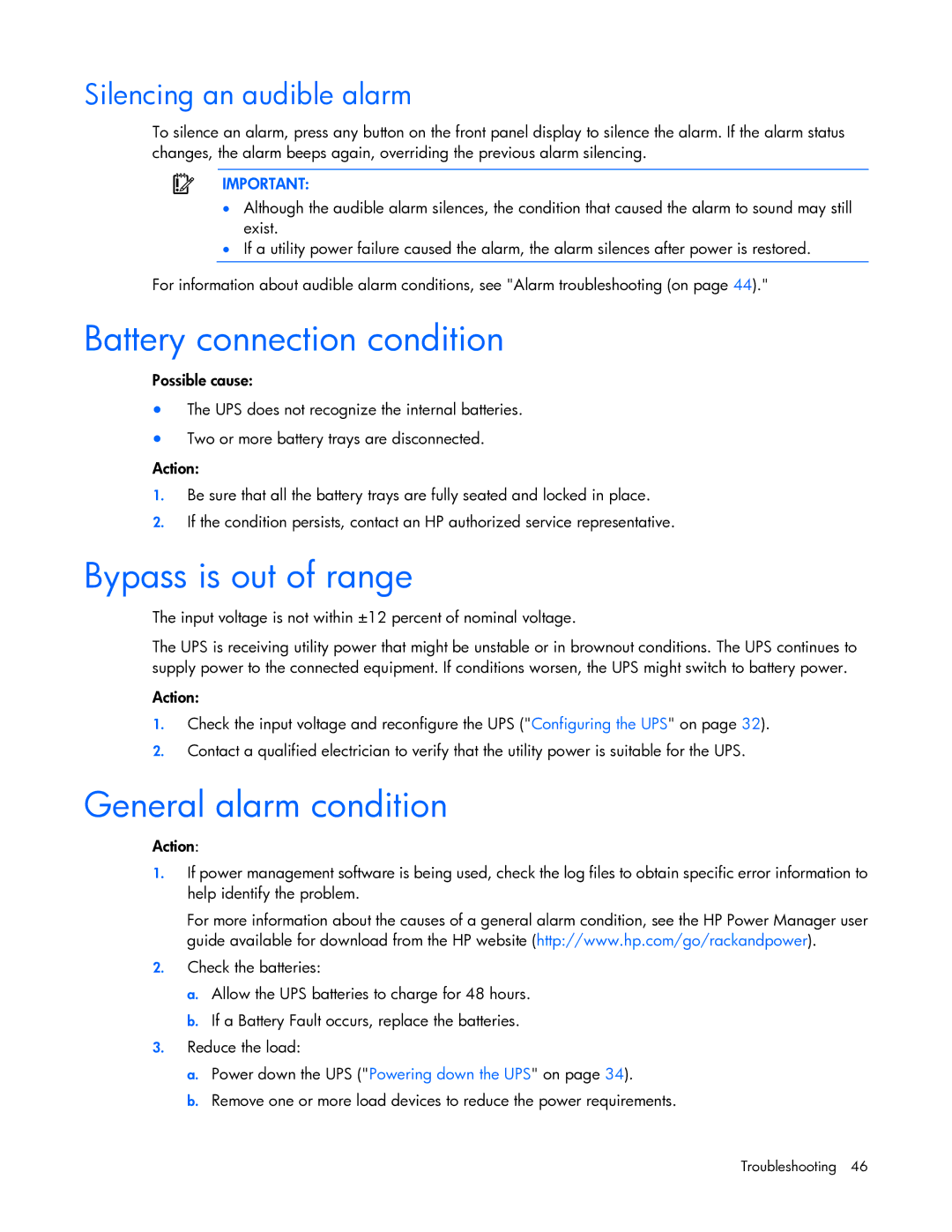 HP R7000 manual Battery connection condition, Bypass is out of range, General alarm condition, Silencing an audible alarm 