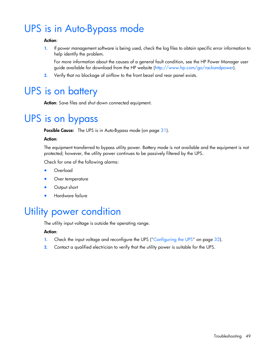 HP R7000 manual UPS is in Auto-Bypass mode, UPS is on battery, UPS is on bypass, Utility power condition 