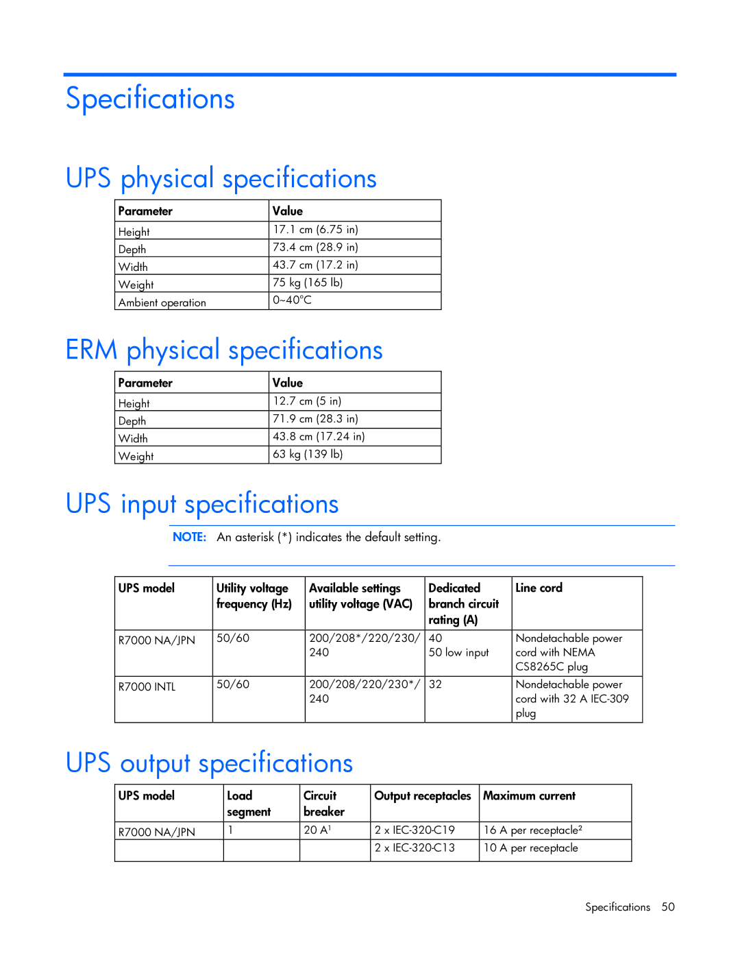 HP R7000 manual Specifications, UPS physical specifications, ERM physical specifications, UPS input specifications 