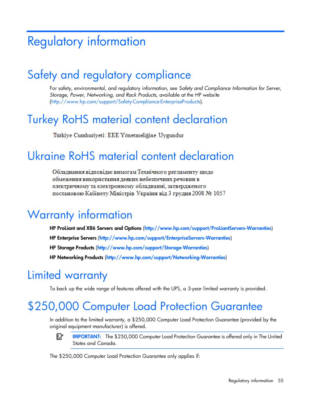 HP R7000 manual Regulatory information, Safety and regulatory compliance, Warranty information Limited warranty 