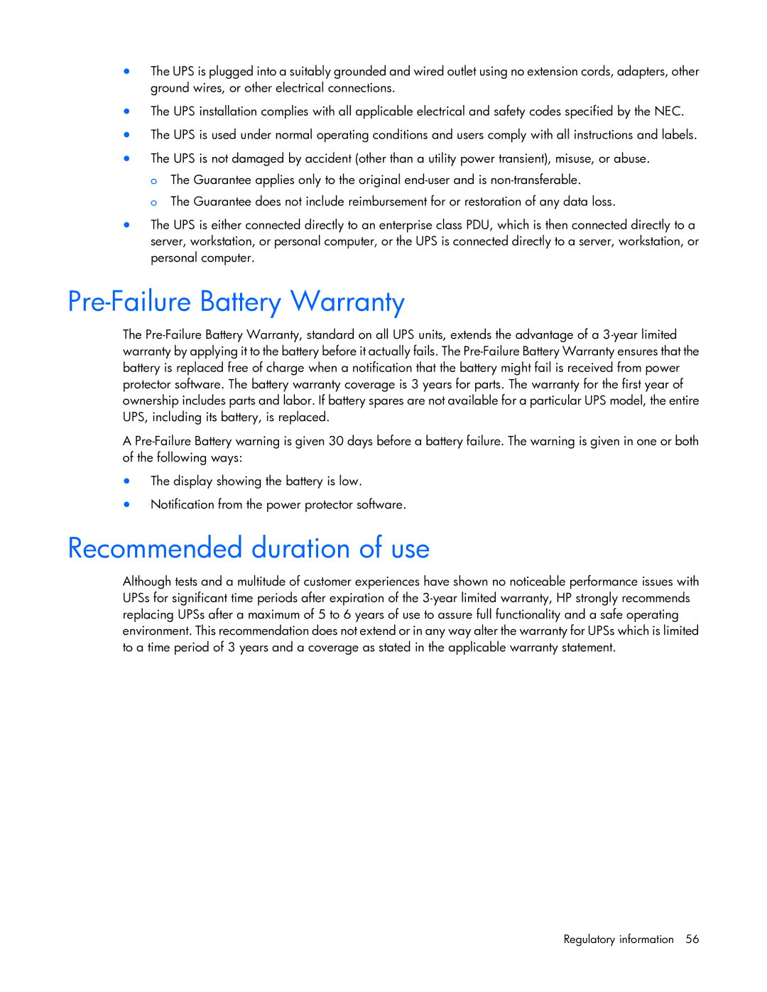 HP R7000 manual Pre-Failure Battery Warranty, Recommended duration of use 