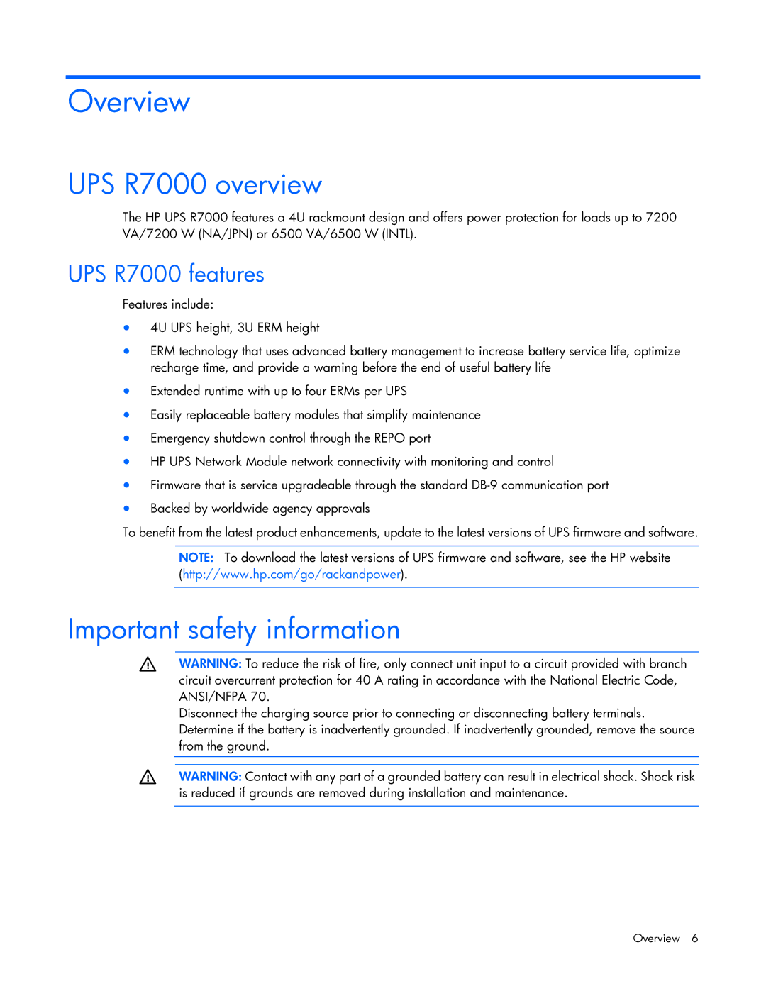 HP manual Overview, UPS R7000 overview, Important safety information, UPS R7000 features 