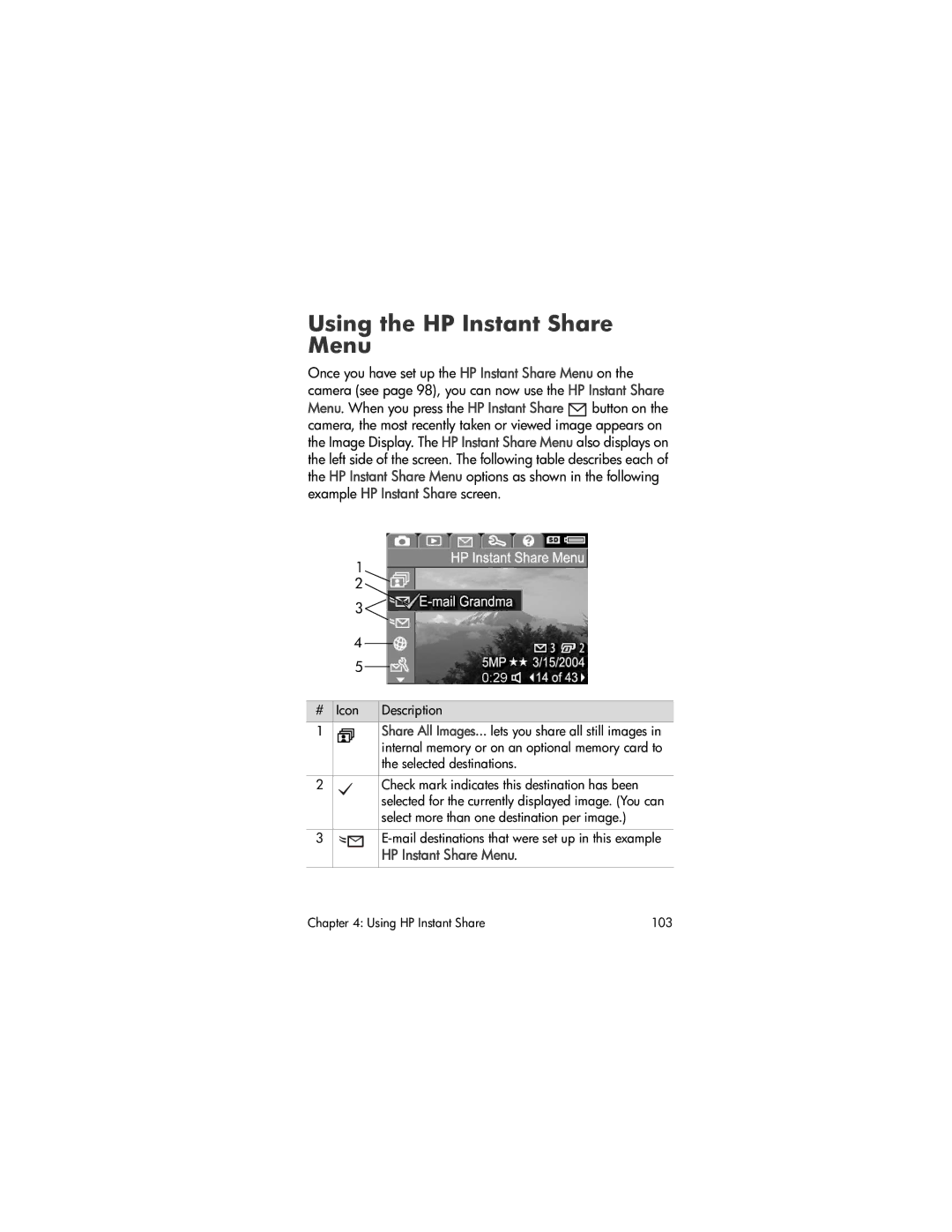 HP R707 manual Using the HP Instant Share Menu 