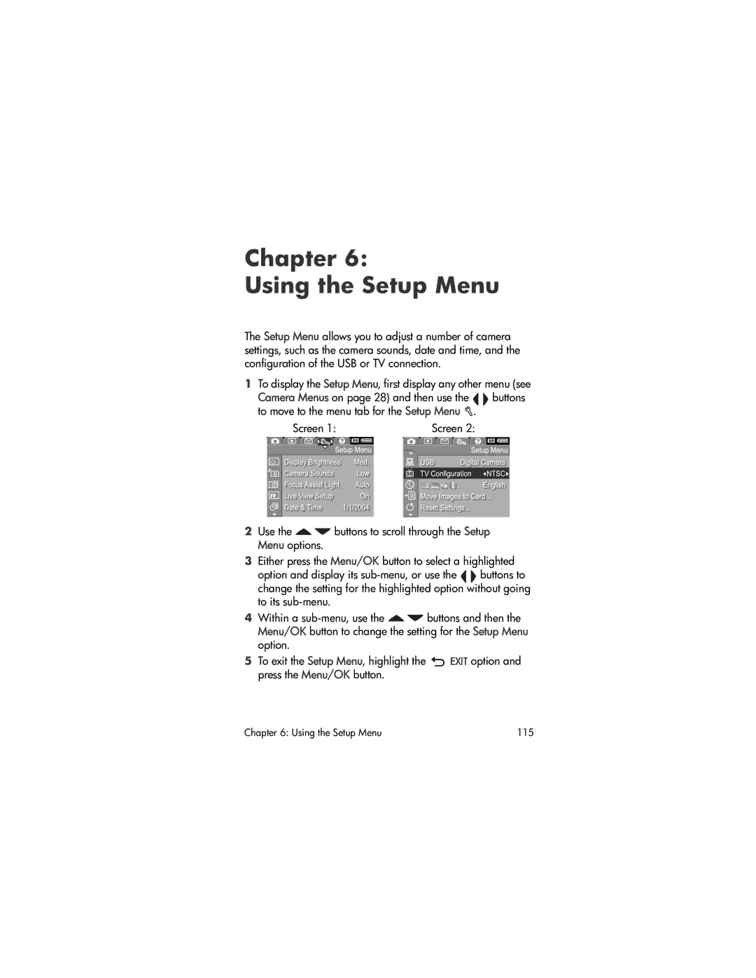 HP R707 manual Chapter Using the Setup Menu, Camera Menus on page 28 and then use 