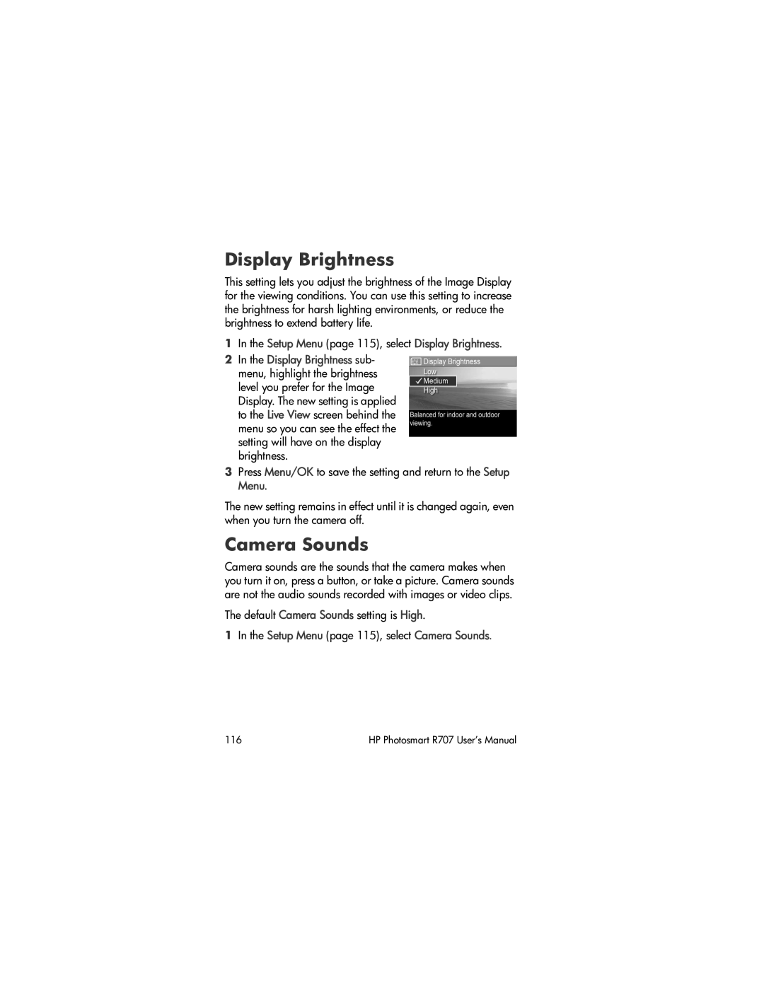 HP R707 manual Display Brightness, Camera Sounds 