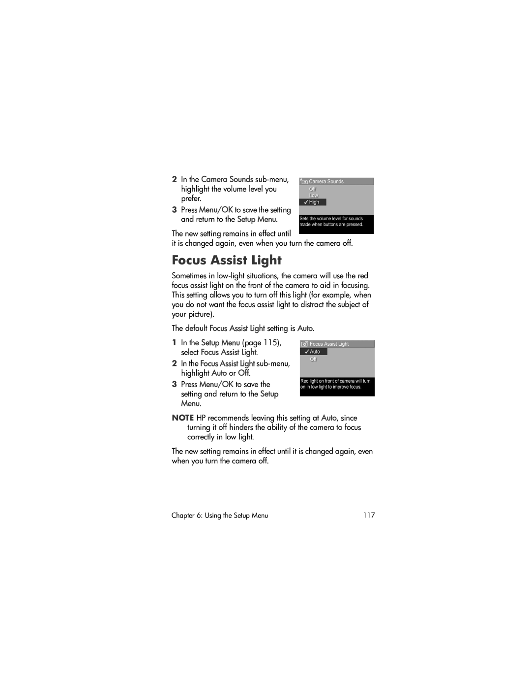 HP R707 manual Focus Assist Light sub-menu, highlight Auto or Off 