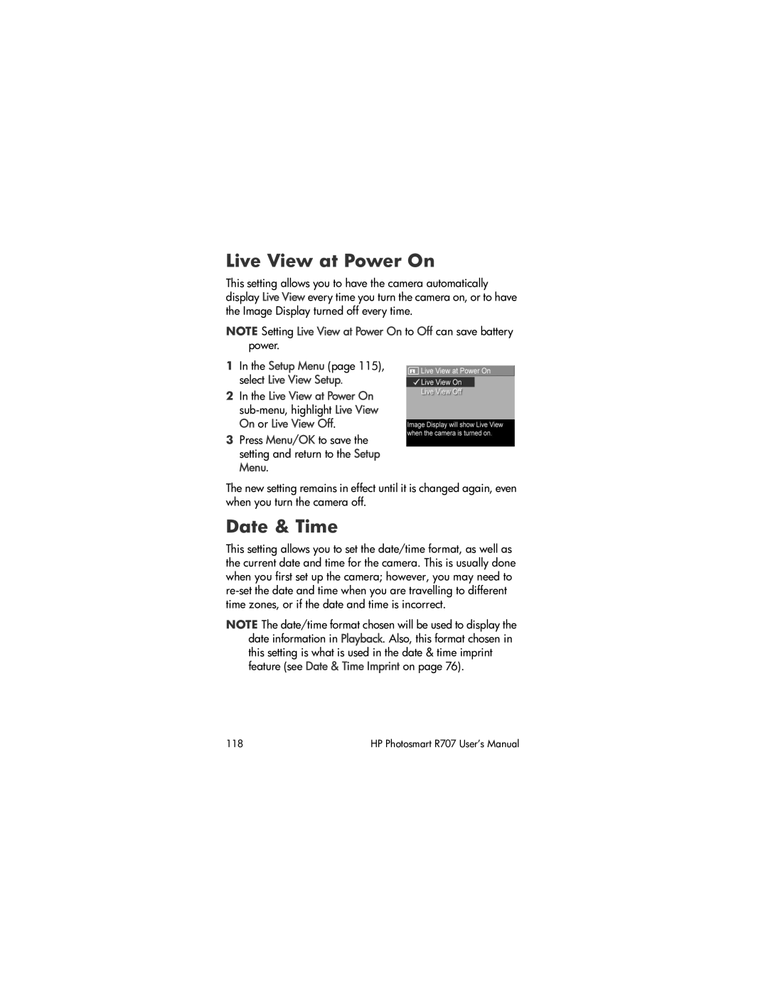 HP R707 manual Live View at Power On, Date & Time 