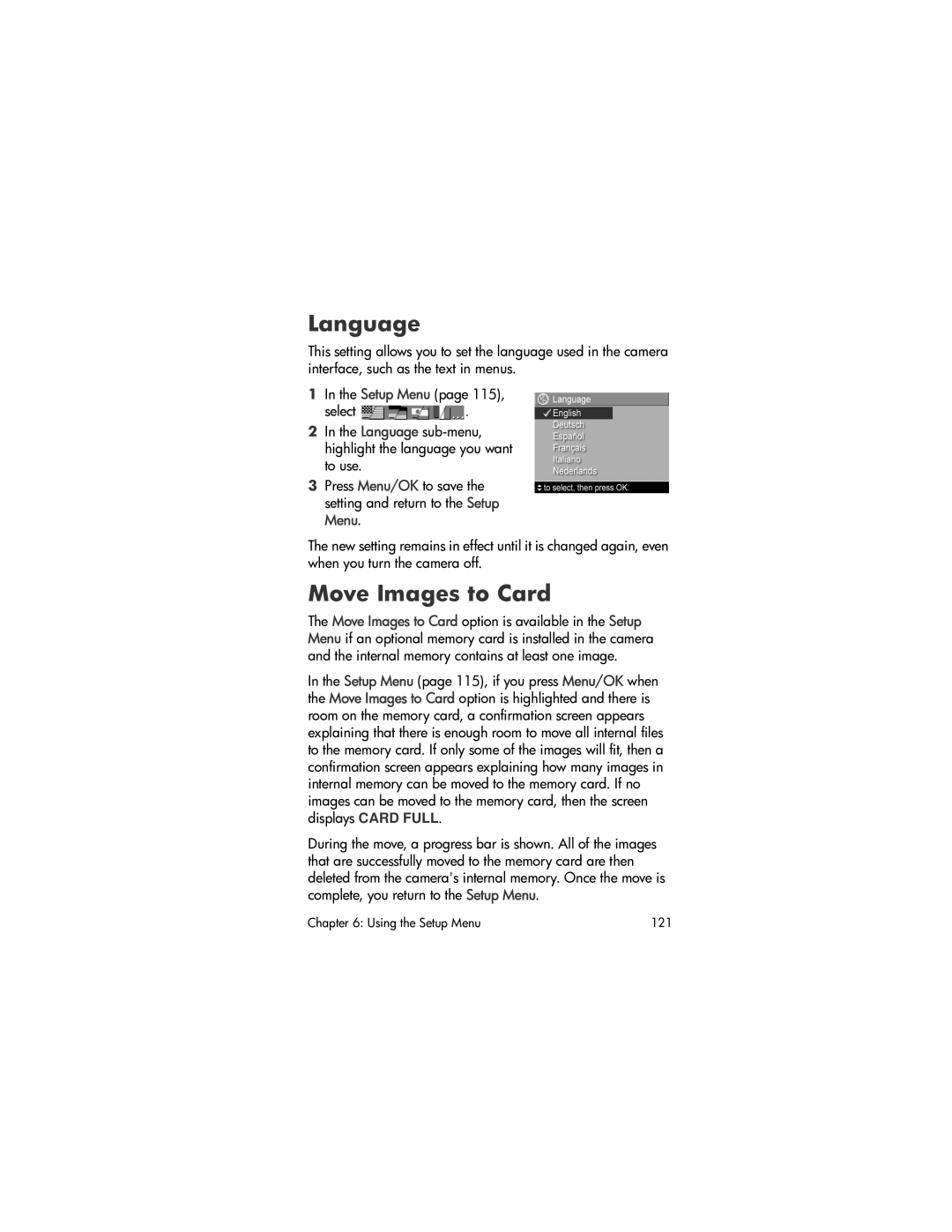 HP R707 manual Language, Move Images to Card 