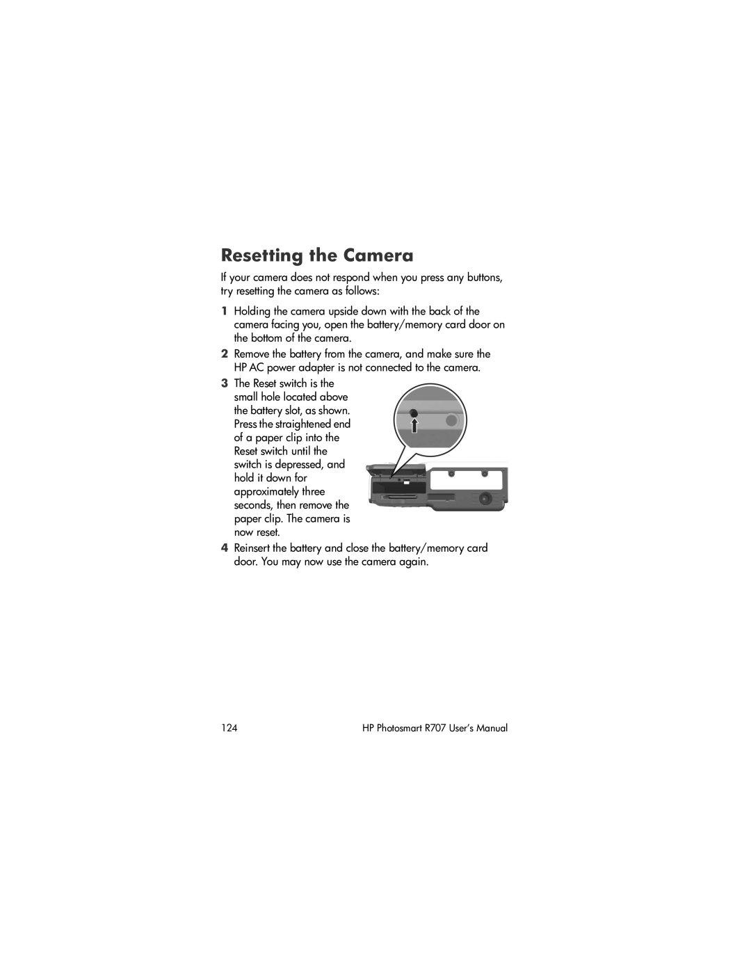 HP R707 manual Resetting the Camera 