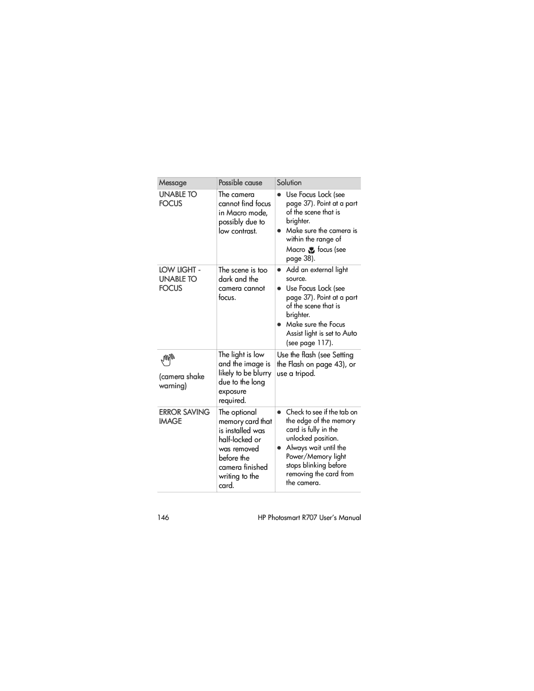 HP R707 manual Use Focus Lock see, Camera shake 