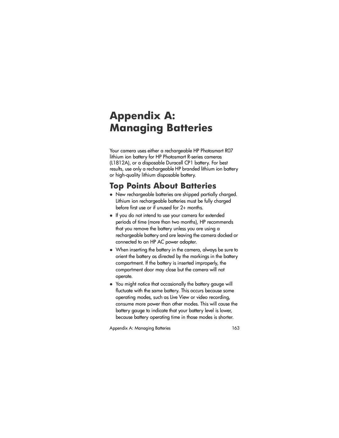 HP R707 manual Appendix a Managing Batteries, Top Points About Batteries 