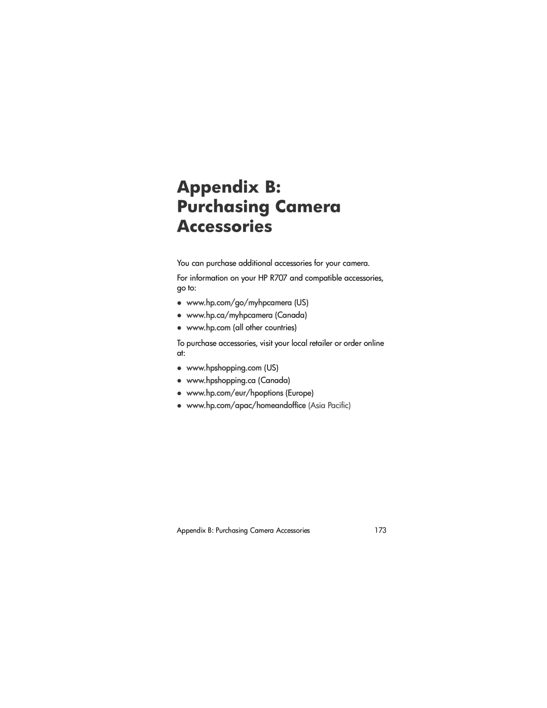 HP R707 manual Appendix B Purchasing Camera Accessories 