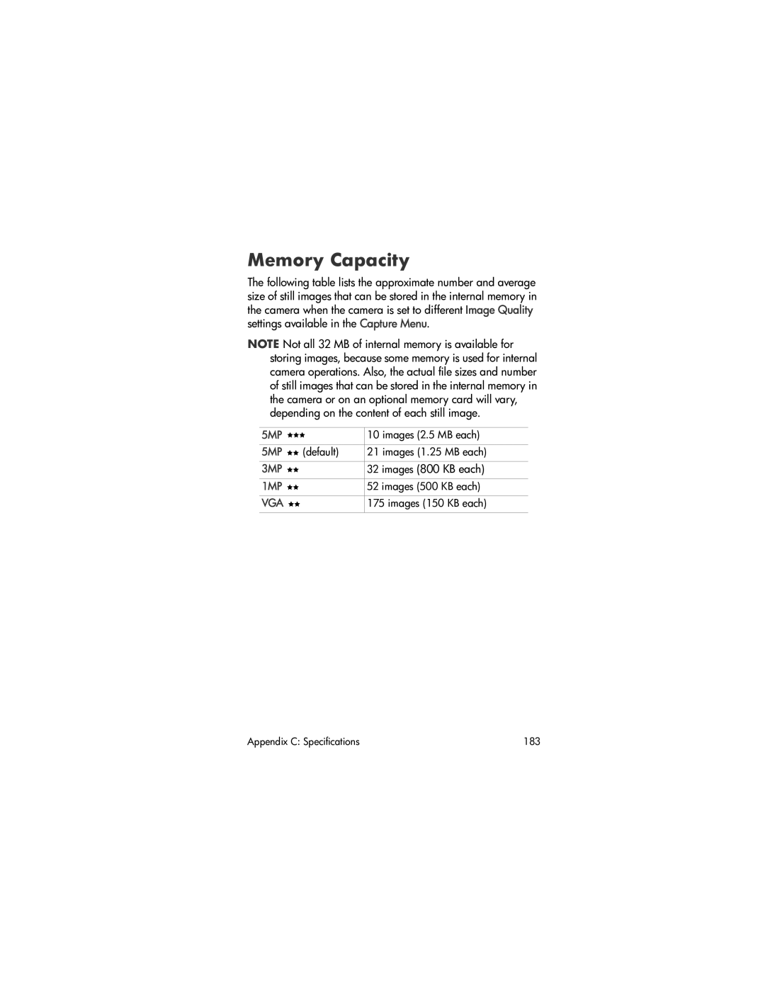 HP R707 manual Memory Capacity, Images 800 KB each 