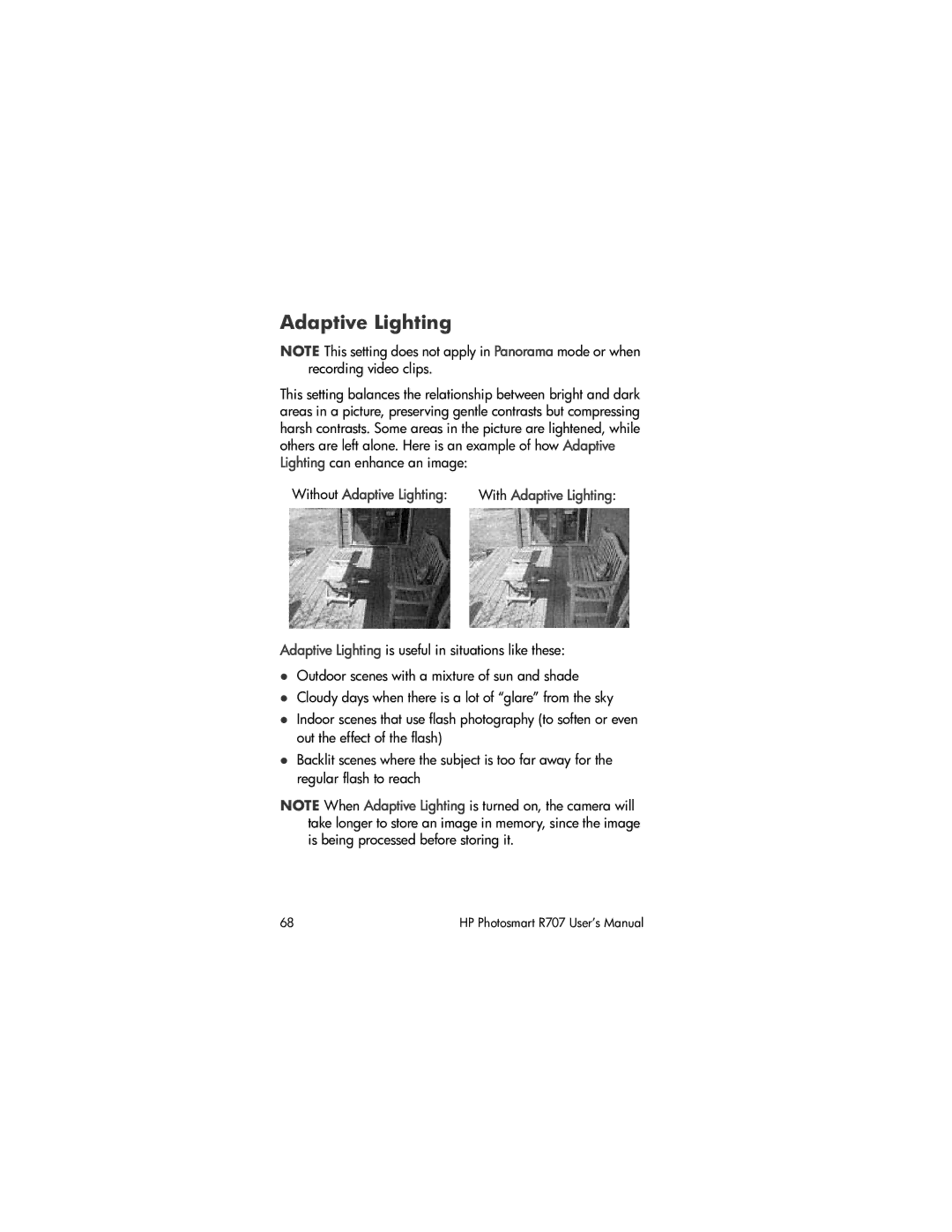 HP R707 manual Without Adaptive Lighting 