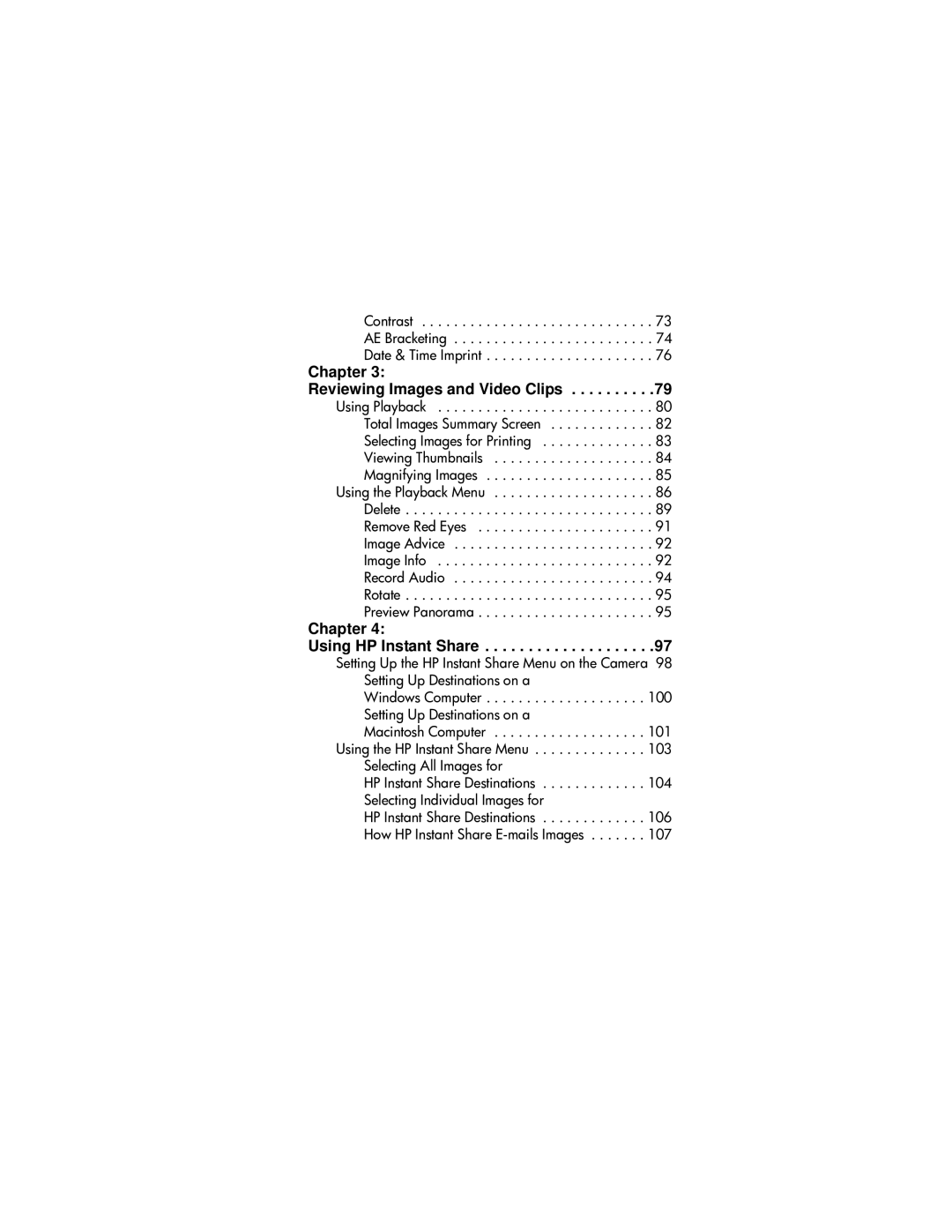 HP R707 manual Chapter Reviewing Images and Video Clips, Contrast AE Bracketing Date & Time Imprint 