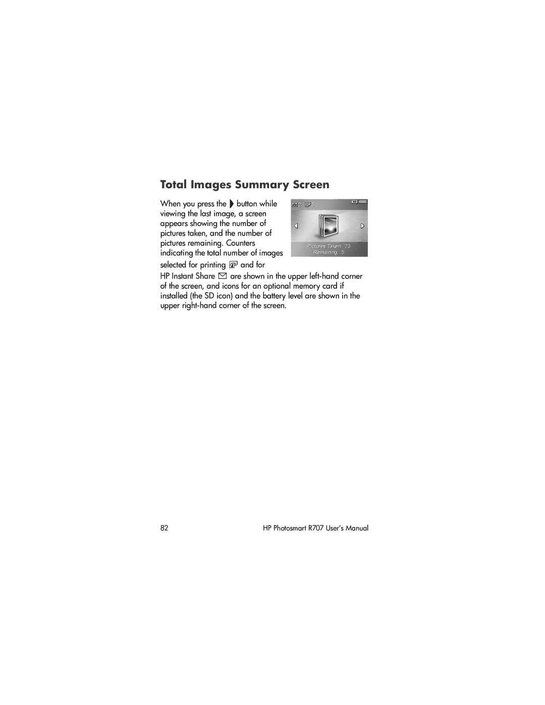 HP R707 manual Total Images Summary Screen 