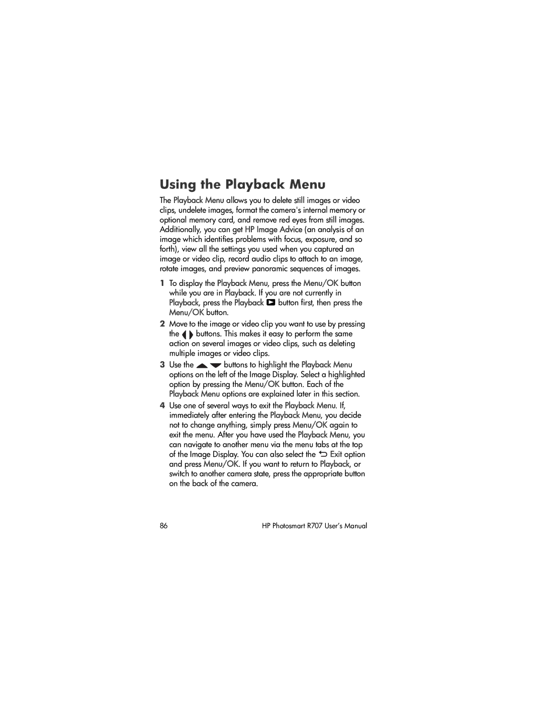 HP R707 manual Using the Playback Menu 