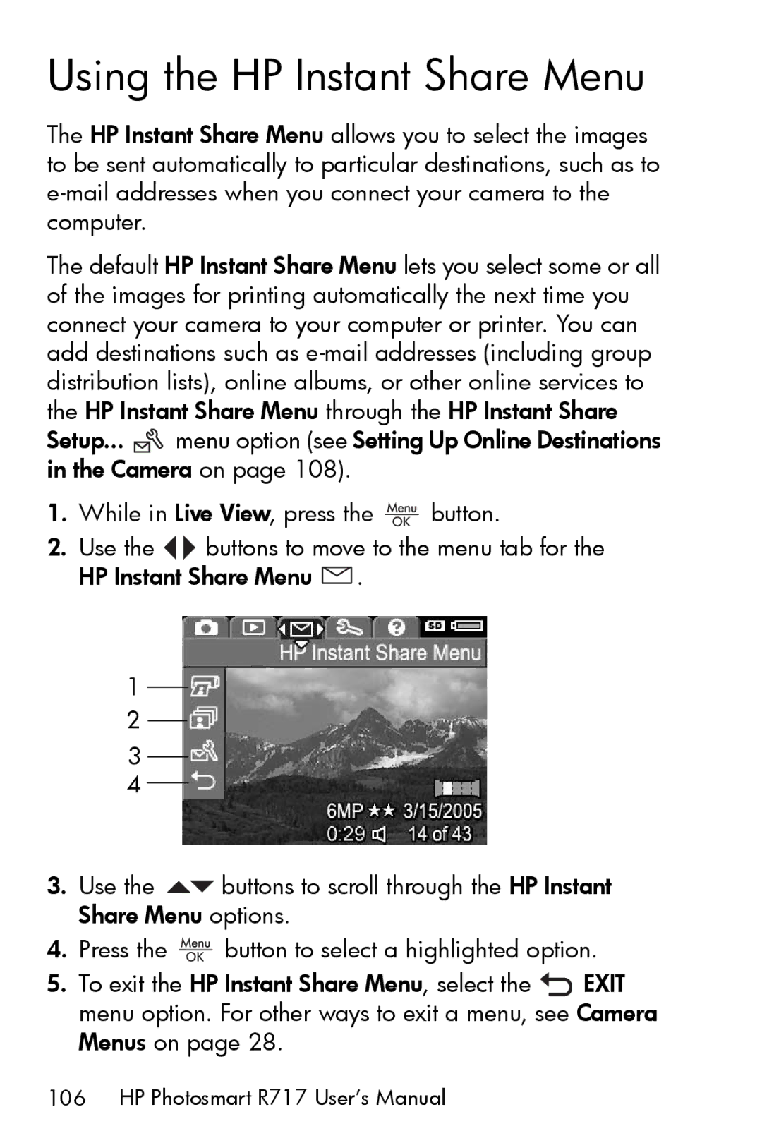 HP R717 manual Using the HP Instant Share Menu 