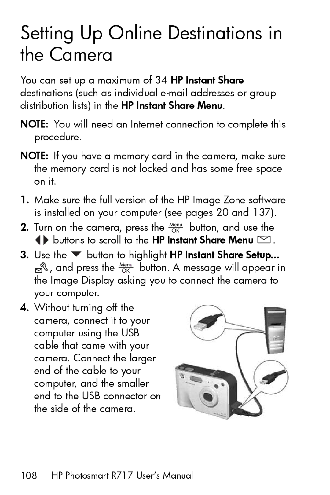 HP R717 manual Setting Up Online Destinations in the Camera 