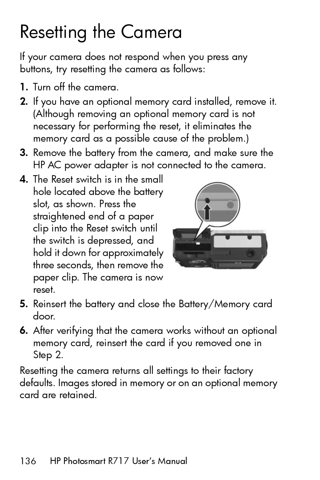 HP R717 manual Resetting the Camera 