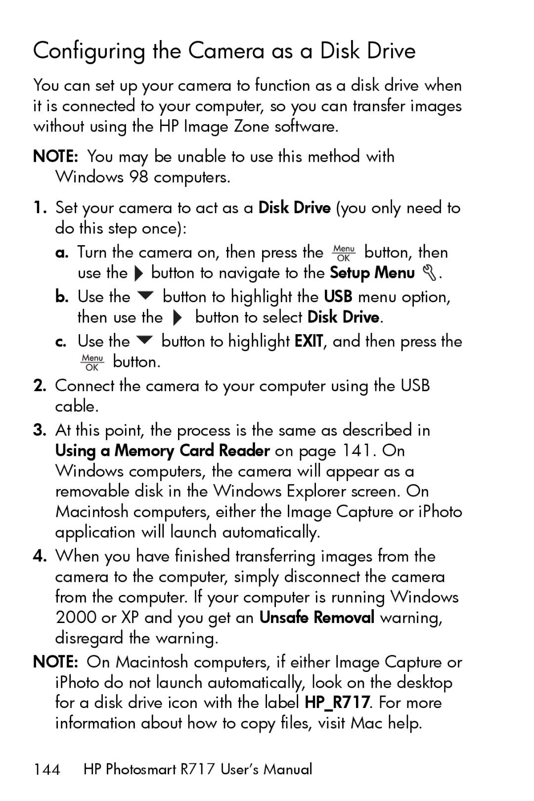 HP R717 manual Configuring the Camera as a Disk Drive 