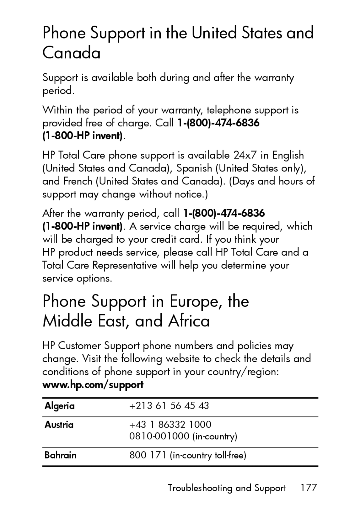 HP R717 manual Phone Support in the United States and Canada, Phone Support in Europe, Middle East, and Africa 