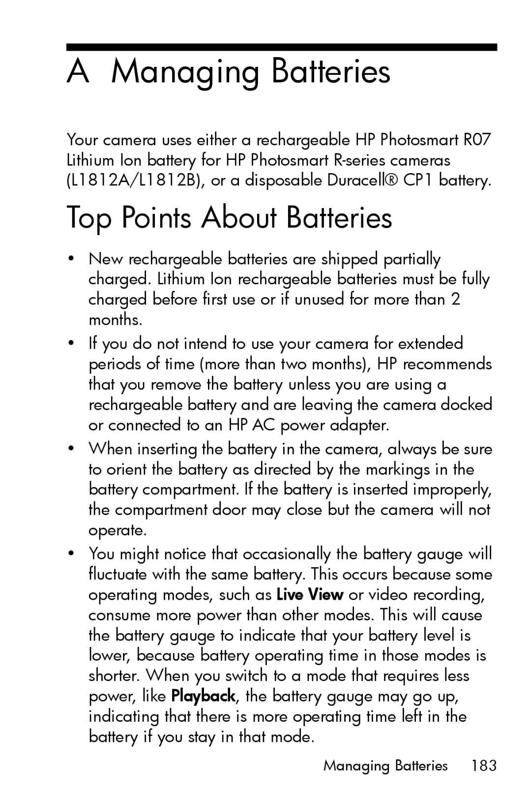 HP R717 manual Managing Batteries, Top Points About Batteries 