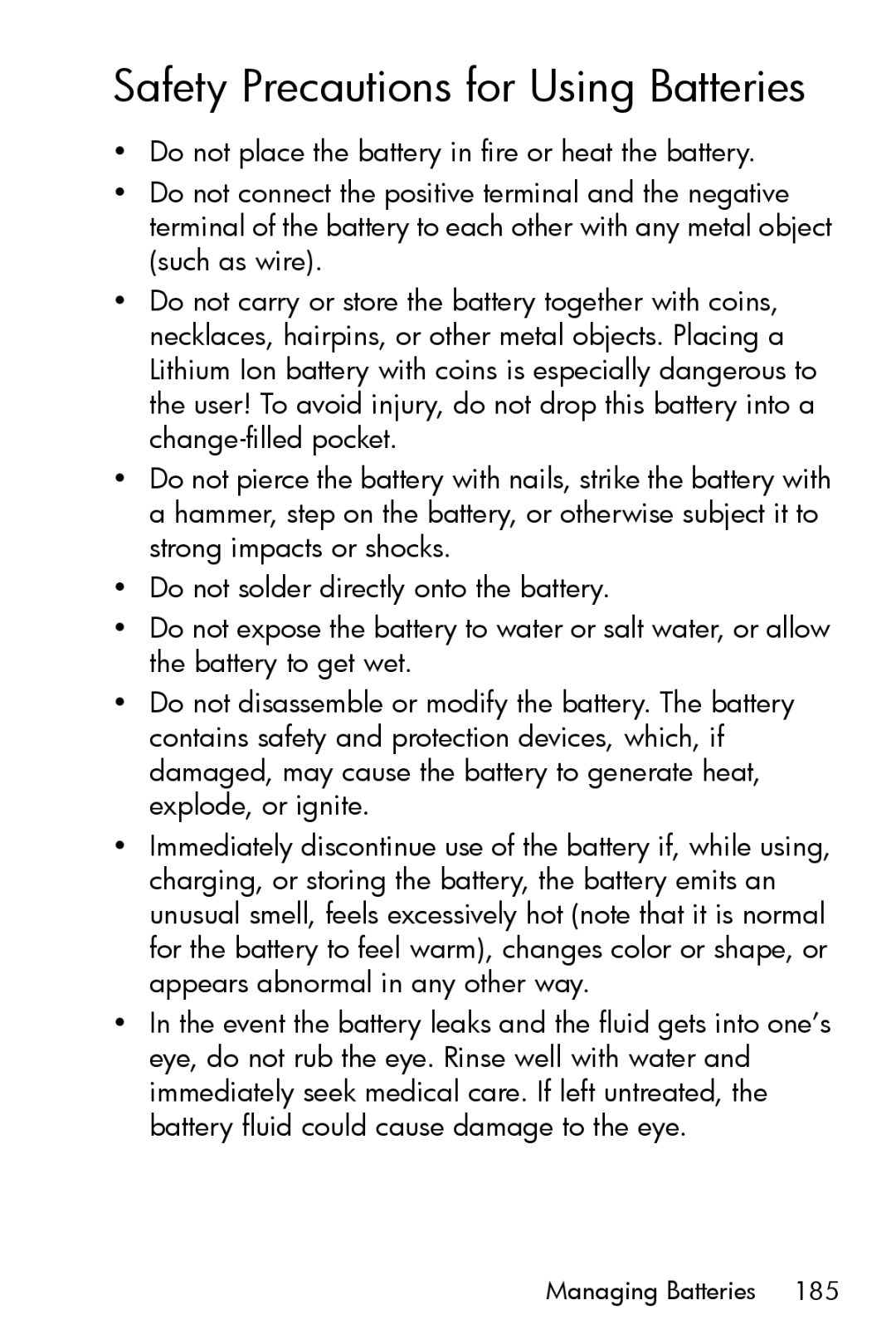 HP R717 manual Safety Precautions for Using Batteries 