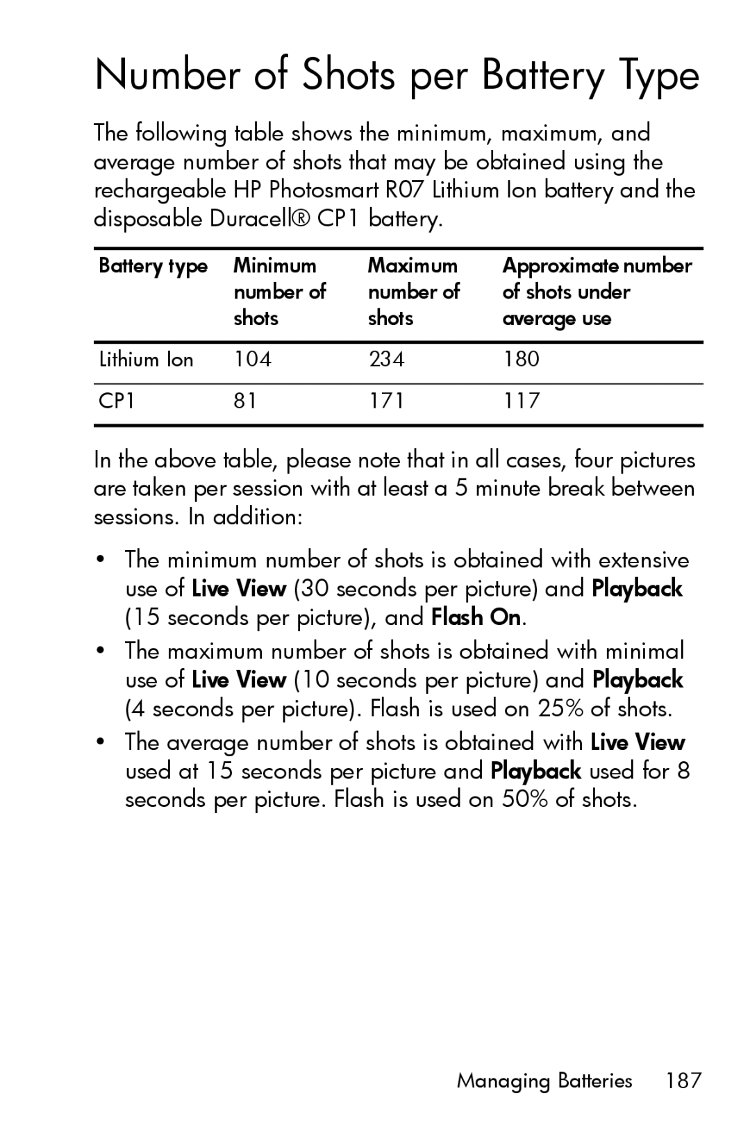 HP R717 manual Number of Shots per Battery Type 