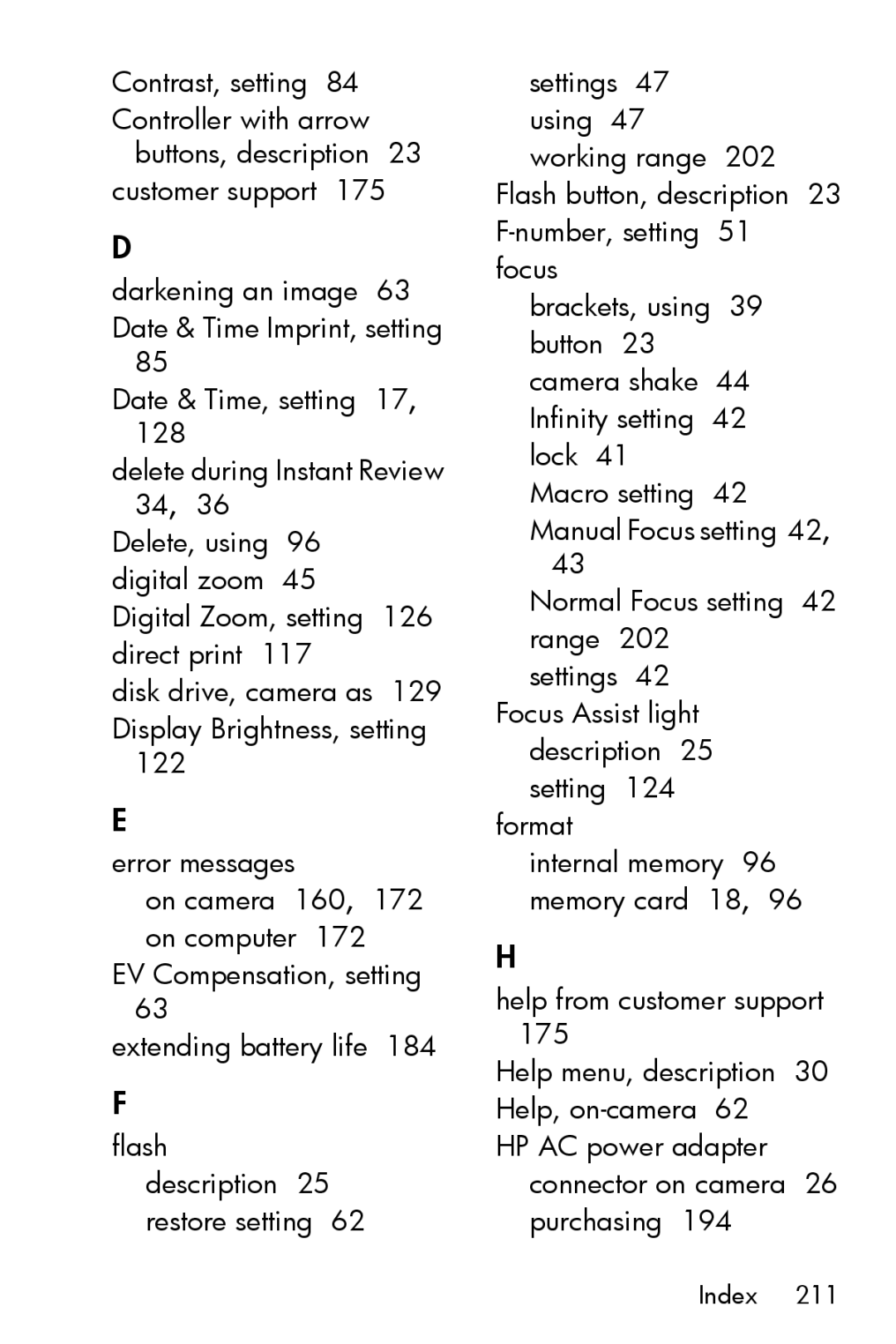 HP R717 manual Settings 42 Focus Assist light 