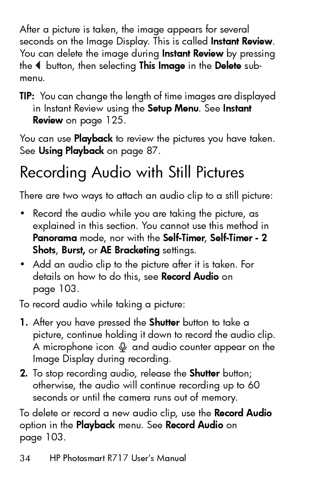 HP R717 manual Recording Audio with Still Pictures 