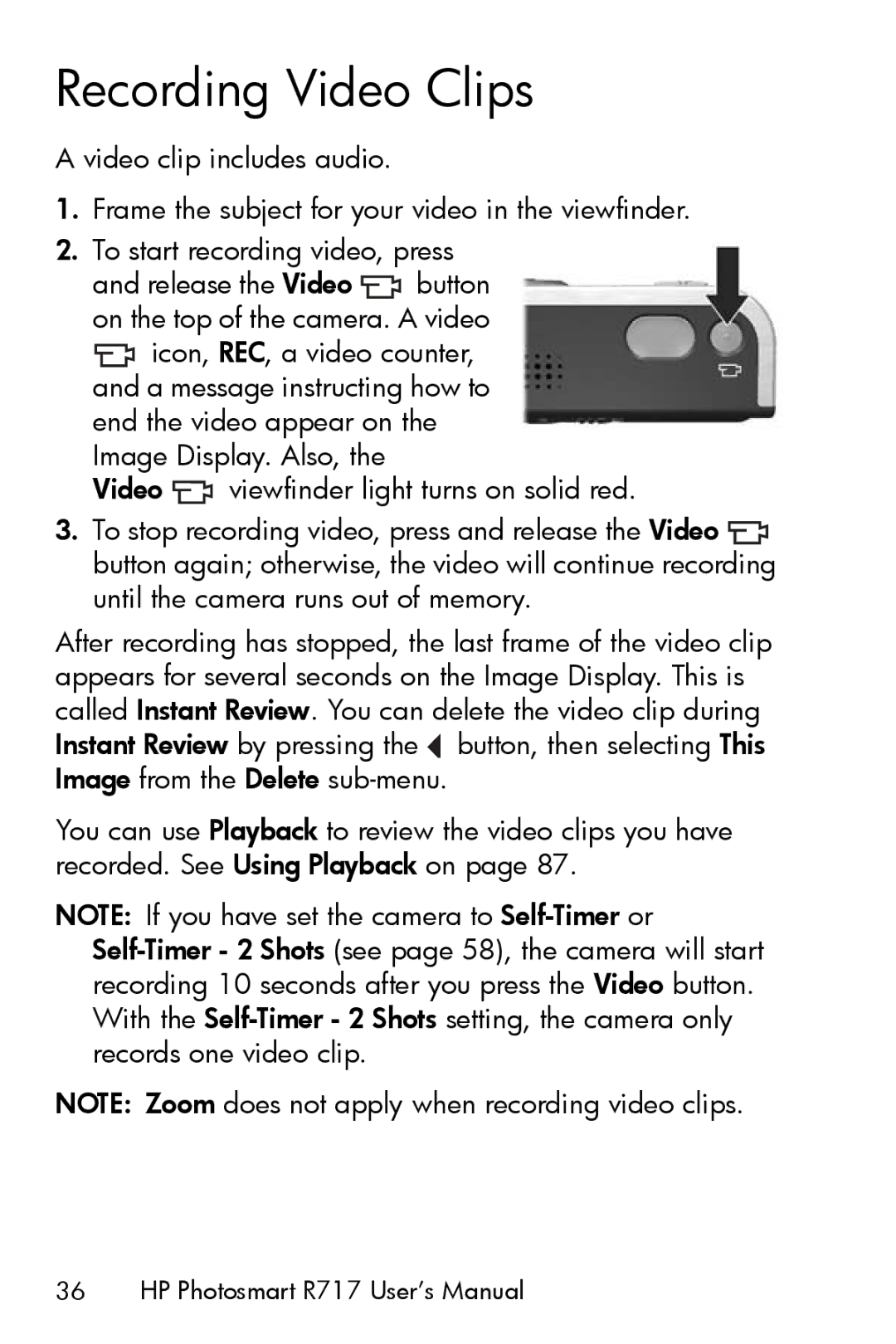 HP R717 manual Recording Video Clips 