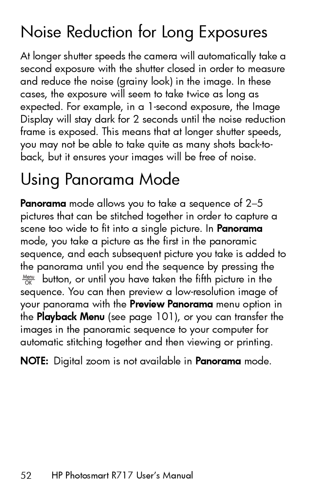 HP R717 manual Noise Reduction for Long Exposures, Using Panorama Mode 