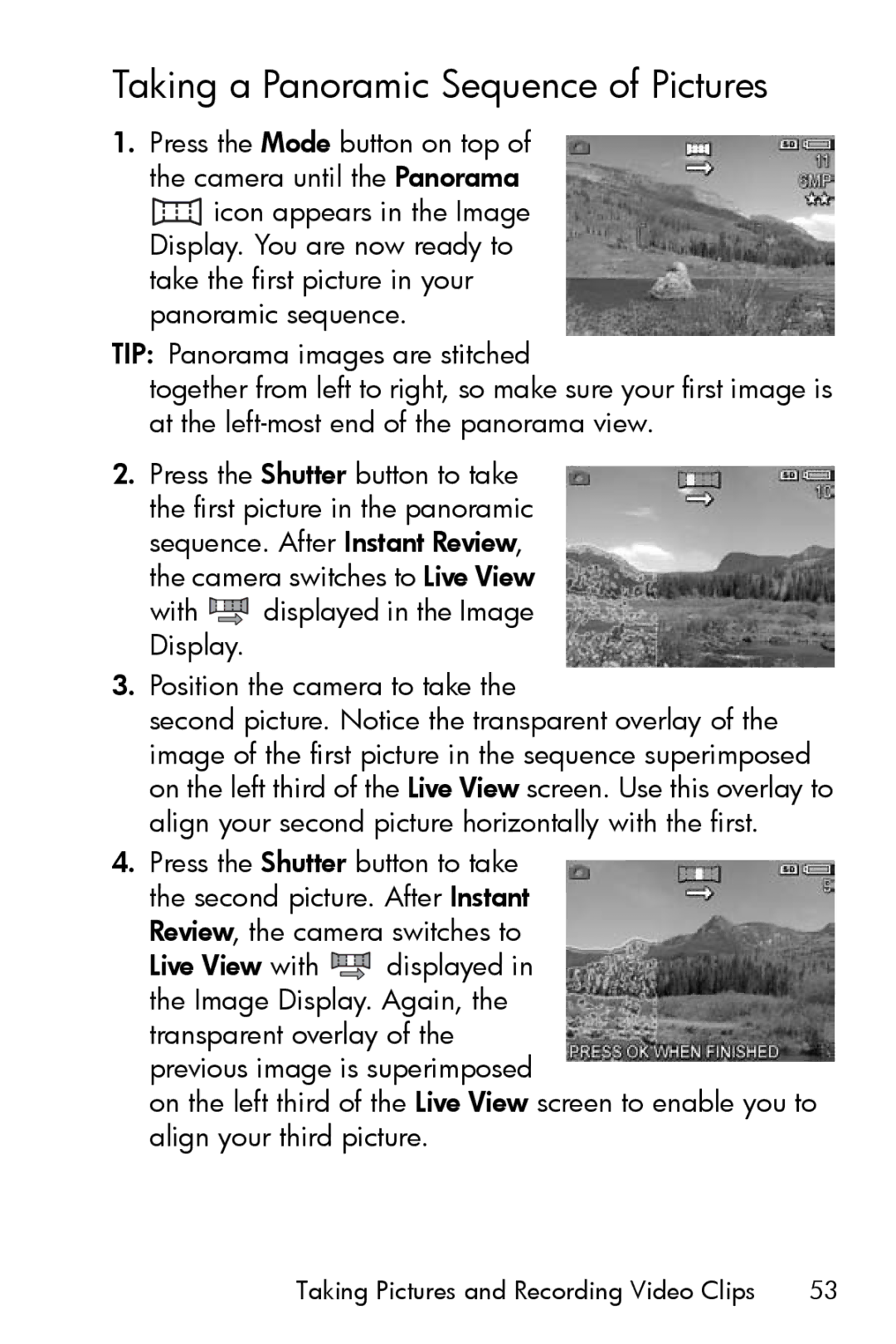 HP R717 manual Taking a Panoramic Sequence of Pictures 