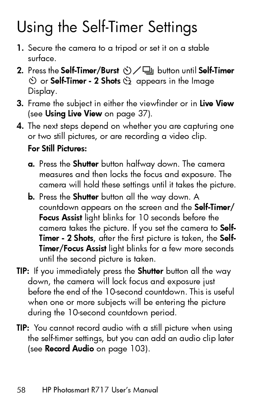 HP R717 manual Using the Self-Timer Settings 