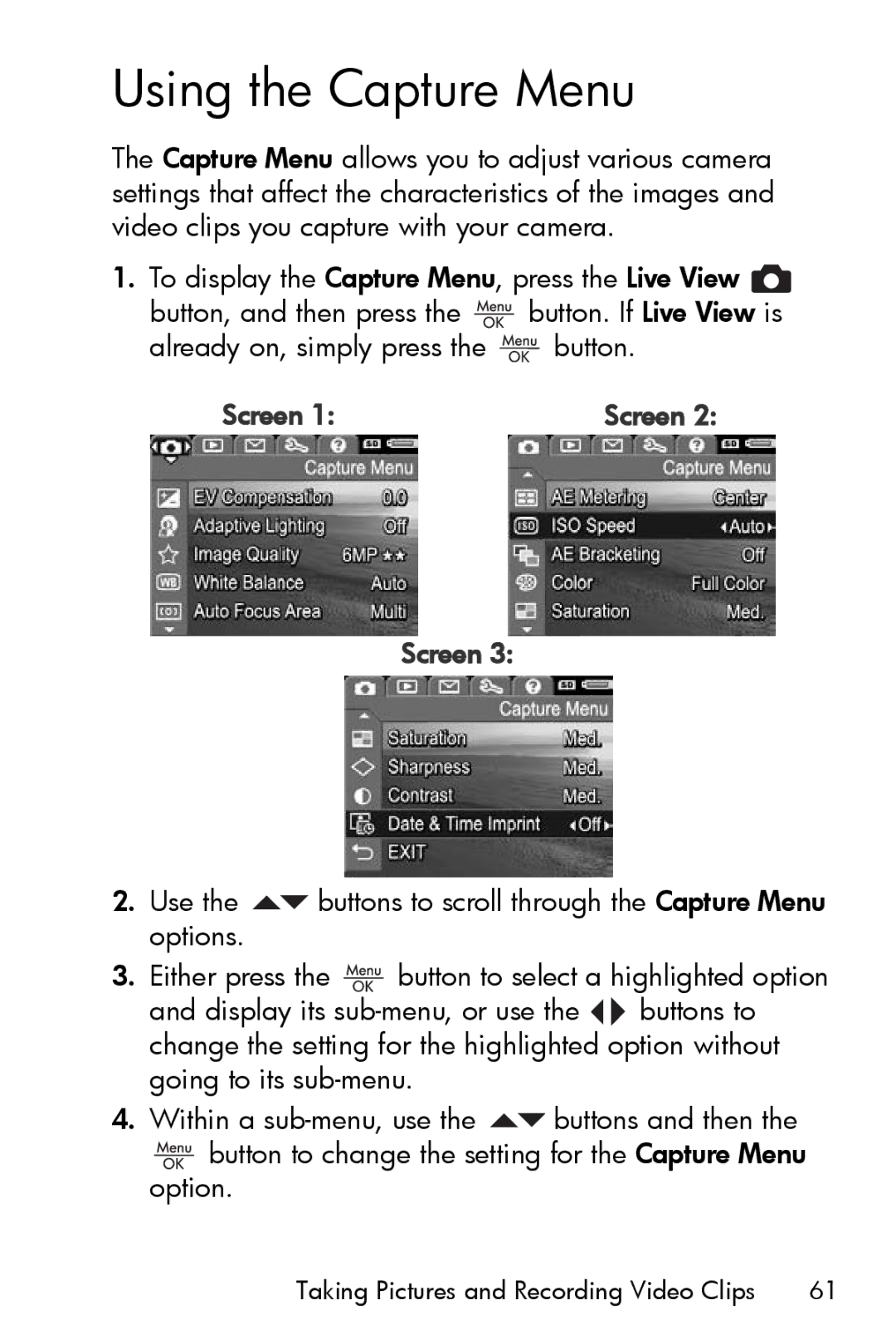 HP R717 manual Using the Capture Menu 