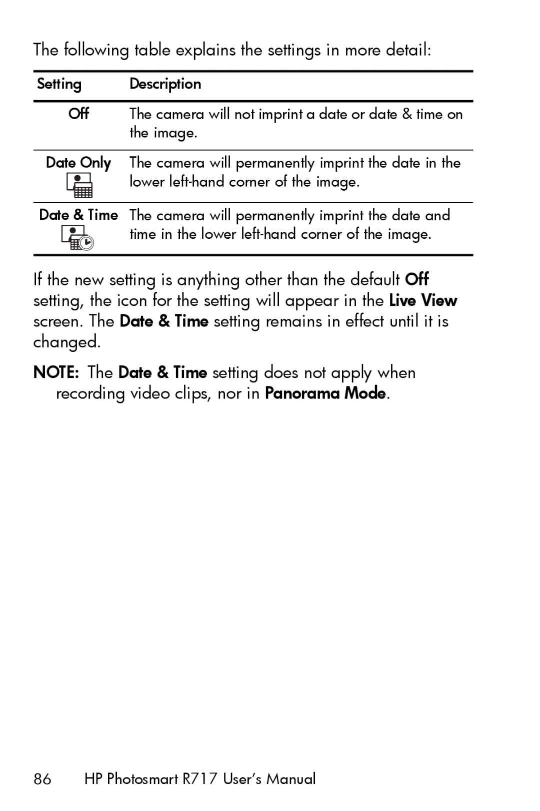 HP R717 manual Following table explains the settings in more detail 