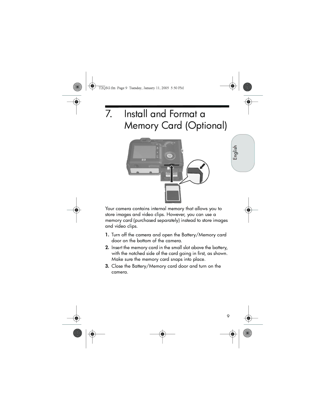 HP R717 manual Install and Format a Memory Card Optional 